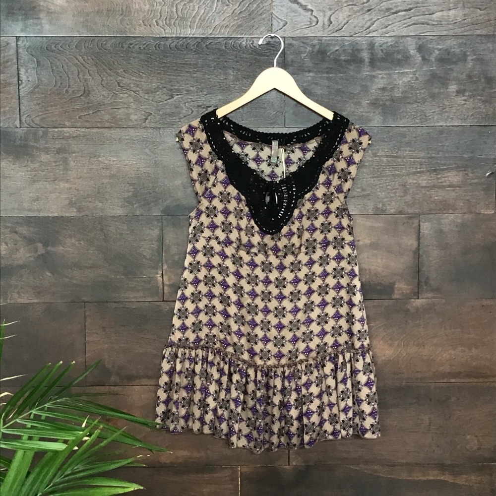 Free People Taupe Tunic with Crocheted Collar